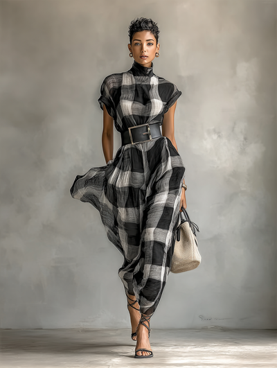 Abito Maxi in Chiffon a Quadri con Collo Alto e Maniche Corte