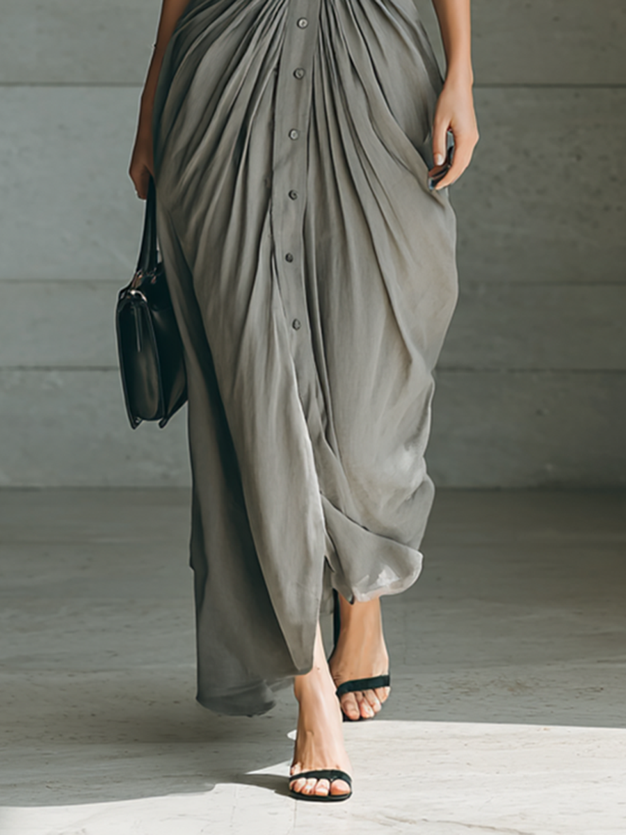 Abito Maxi con Collo a Revers e Maniche Lunghe