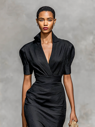 Abito Midi Donna Monocromatico con Collo a V e Maniche Corte