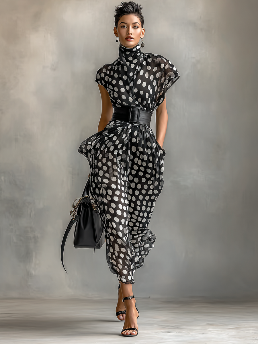 Abito Maxi in Chiffon con Stampa a Pois e Collo Alto
