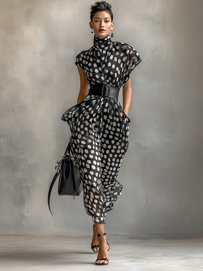 Abito Maxi in Chiffon con Stampa a Pois e Collo Alto