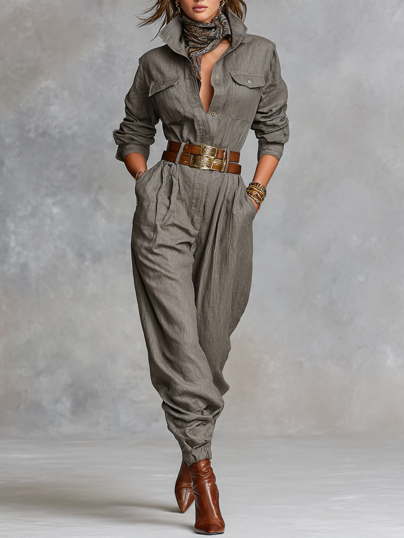 Tuta Camicia a Maniche Lunghe in Cotone e Lino