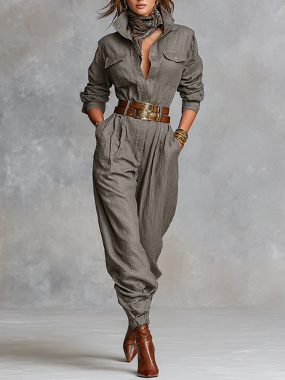 Tuta Camicia a Maniche Lunghe in Cotone e Lino