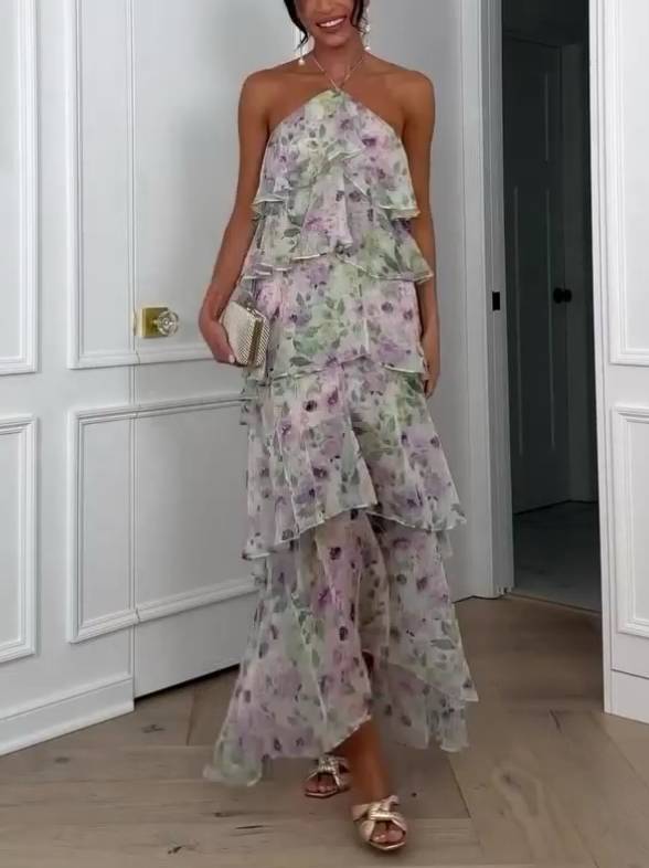 Rosa® | Abito a Strati con Rouches e Stampa Floreale a Collo Halter