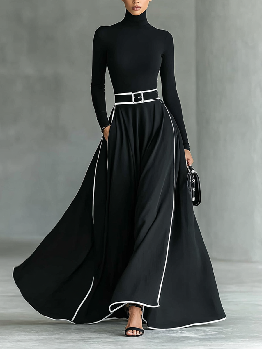 Abito Maxi Nero con Cuciture Bianche, Collo Alto, Maniche Lunghe e Cintura Fitta
