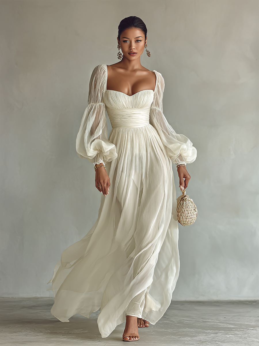 Abito Maxi in Chiffon da Donna con Scollatura Quadrata e Maniche Lunghe