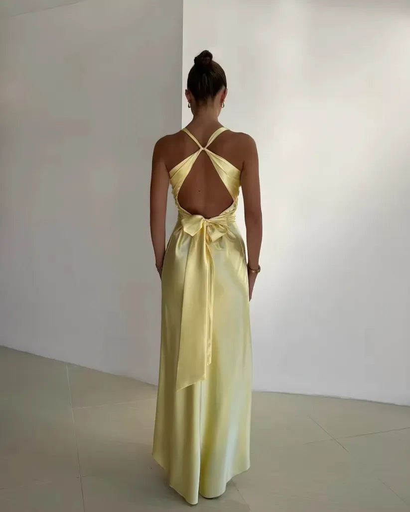 Rosalyn - Abito Maxi Senza Schiena in Raso con Scollatura a V e Fiocco