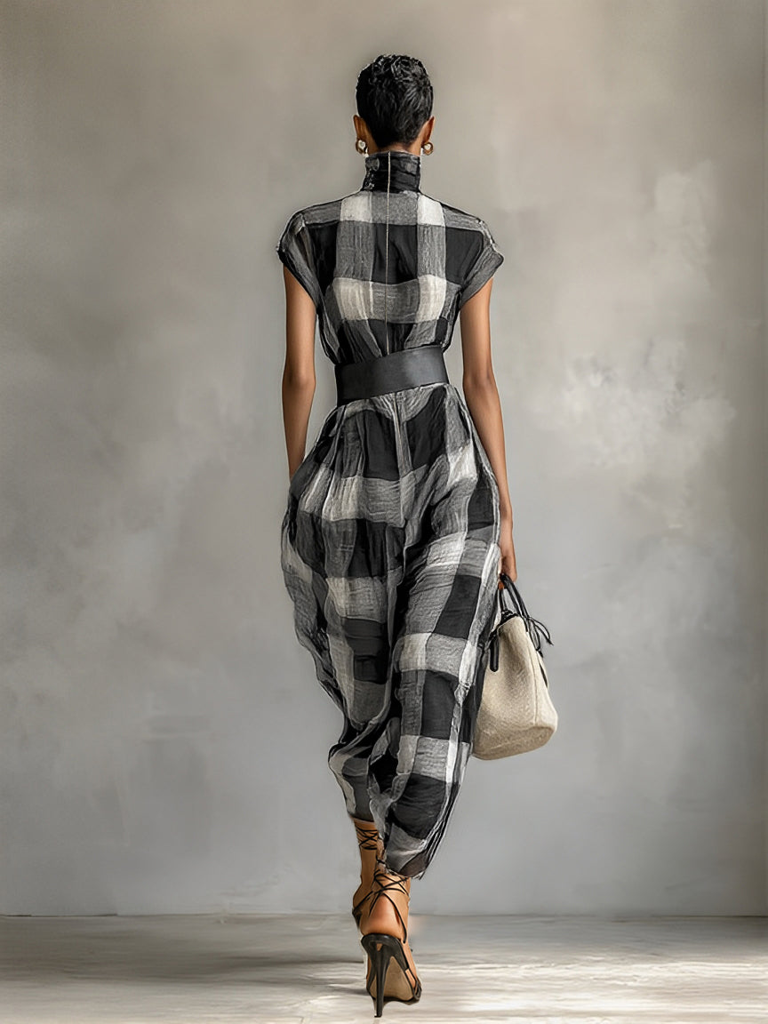 Abito Maxi in Chiffon a Quadri con Collo Alto e Maniche Corte