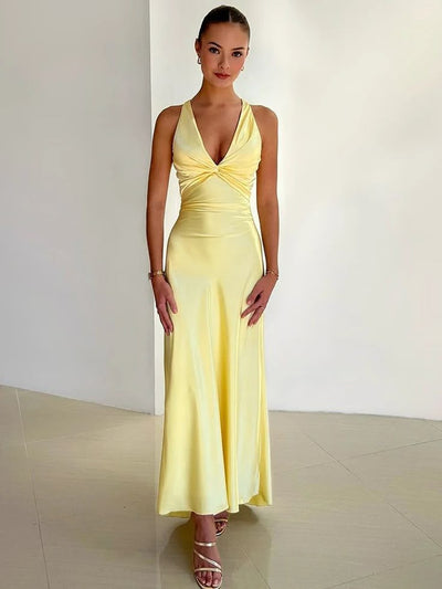 Rosalyn - Abito Maxi Senza Schiena in Raso con Scollatura a V e Fiocco
