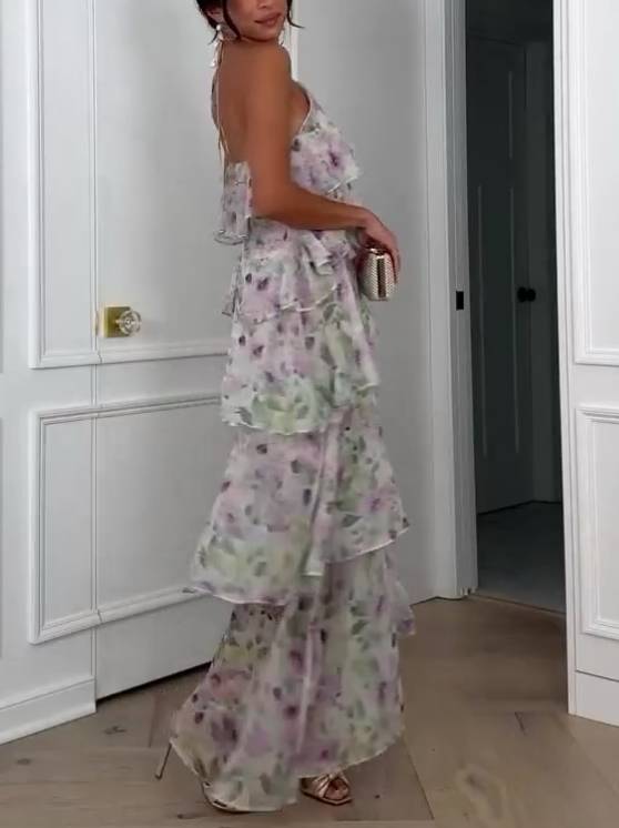 Rosa® | Abito a Strati con Rouches e Stampa Floreale a Collo Halter