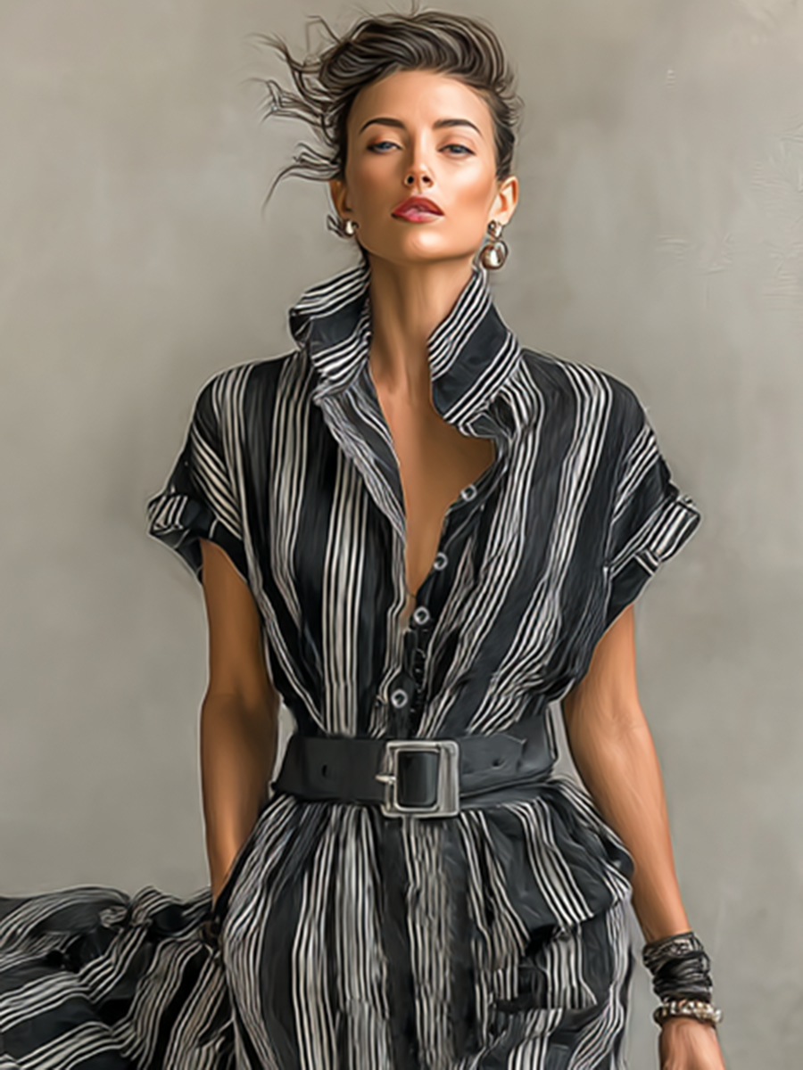 Abito Maxy Chiffon Stampato a Righe con Colletto e Maniche Corte per Donna con Cintura