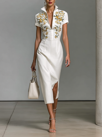 Abito Midi Donna Ricamato con Scollo a V e Maniche Corte