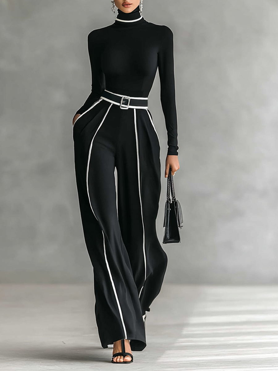 Set due pezzi donna con top a collo alto a maniche lunghe, pantaloni a gamba larga e cintura
