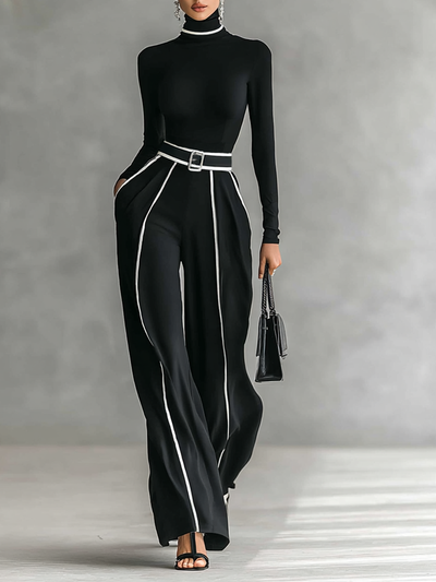 Set due pezzi donna con top a collo alto a maniche lunghe, pantaloni a gamba larga e cintura
