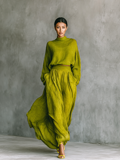 Completo da donna verde in misto cotone e lino