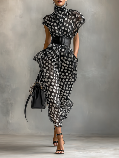 Abito Maxi in Chiffon con Stampa a Pois e Collo Alto