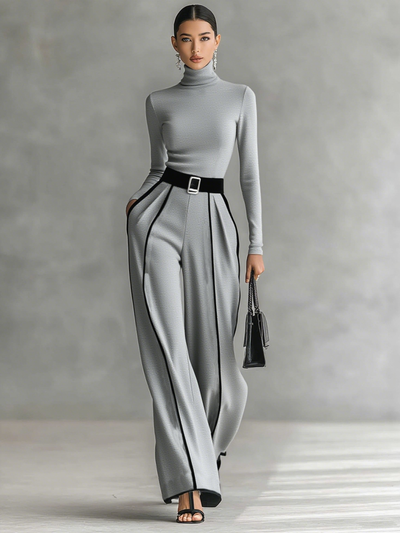 Set due pezzi donna con top a collo alto a maniche lunghe, pantaloni a gamba larga e cintura