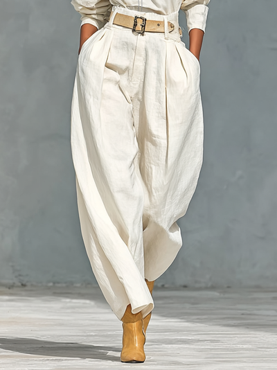 Set di Camicia a Maniche Lunghe e Pantaloni Larghi in Cotone e Lino