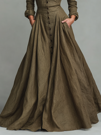 Abito Maxi Vintage in Cotone e Lino per Donna con Design a Camicia