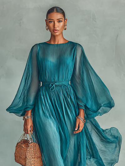 Abito Maxi in Chiffon con Collo Rotondo e Maniche Lunghe per Donna, con Vita Regolabile