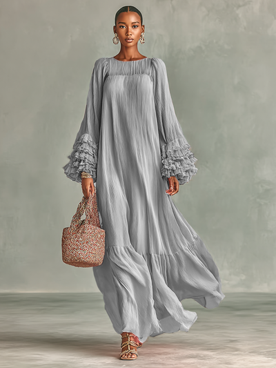 Abito Maxi in Chiffon Pieghettato Donna con Maniche Lunghe e Rouches