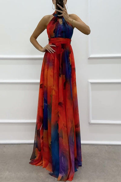 Elaine - Abito Maxi in Tulle con Stampa Floreale, Cut-Out e Nodo al Collo