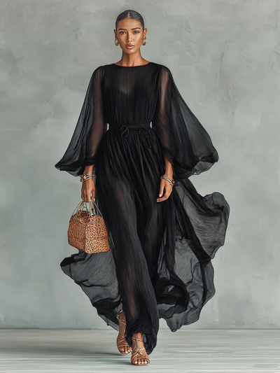 Abito Maxi in Chiffon con Collo Rotondo e Maniche Lunghe per Donna, con Vita Regolabile