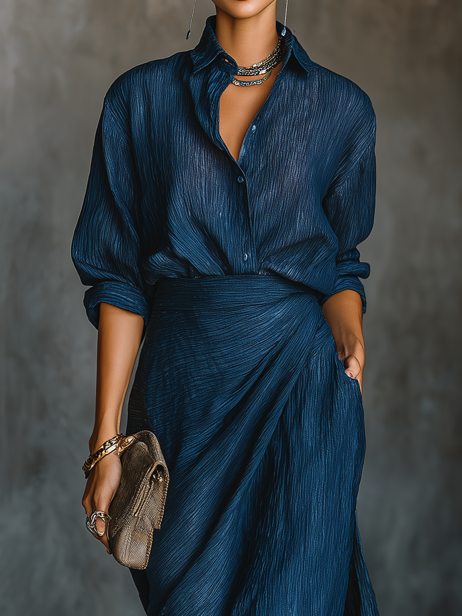 Set Gonna Lunga e Camicia Elegante in Cotone e Lino Blu Scuro