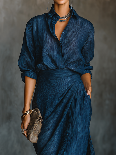 Set Gonna Lunga e Camicia Elegante in Cotone e Lino Blu Scuro