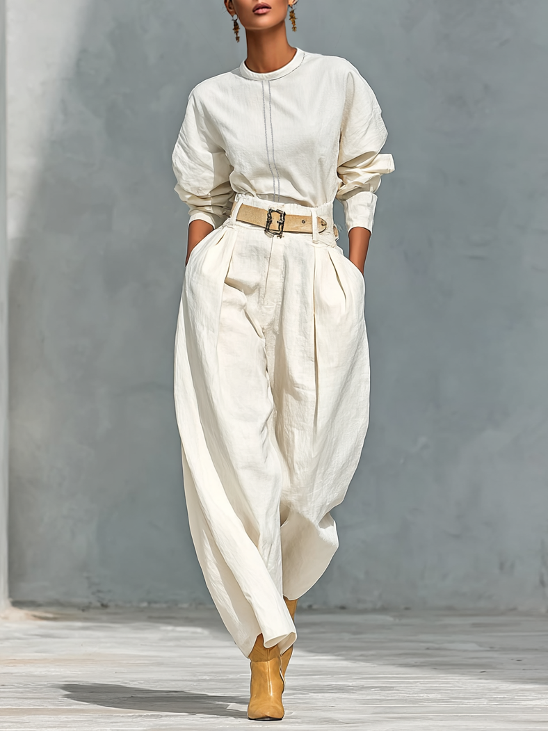 Set di Camicia a Maniche Lunghe e Pantaloni Larghi in Cotone e Lino