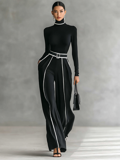 Set due pezzi donna con top a collo alto a maniche lunghe, pantaloni a gamba larga e cintura