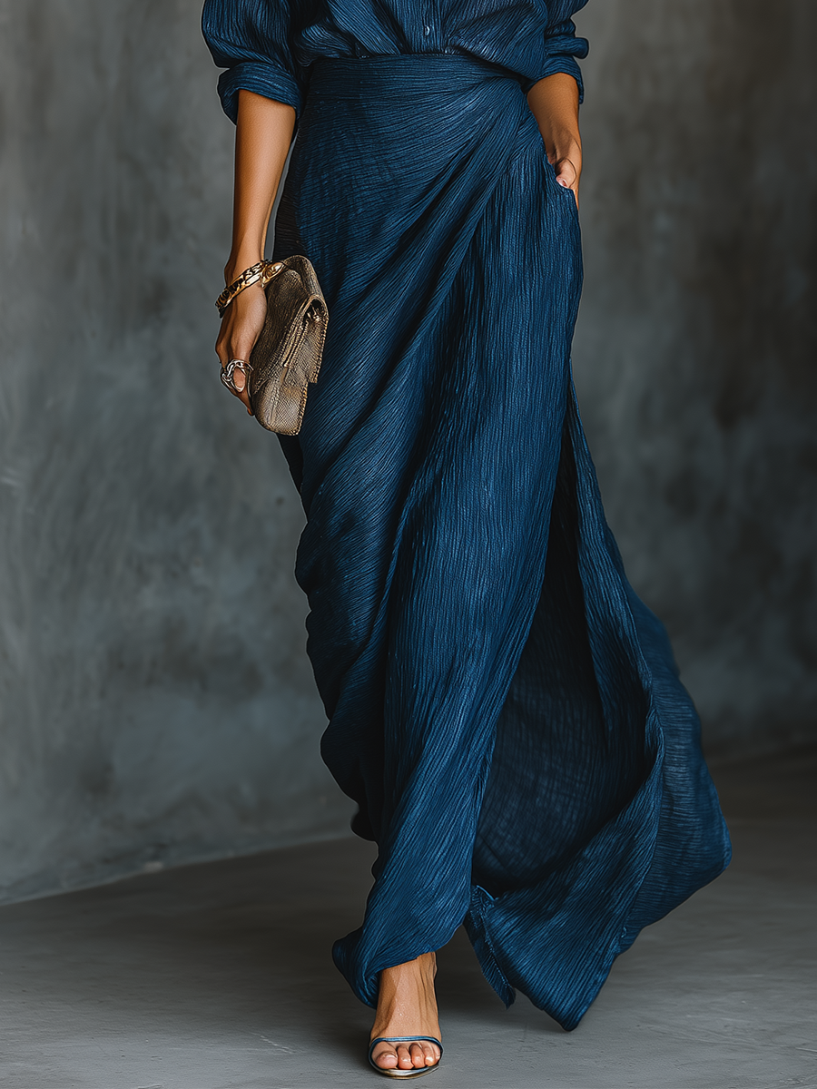Set Gonna Lunga e Camicia Elegante in Cotone e Lino Blu Scuro