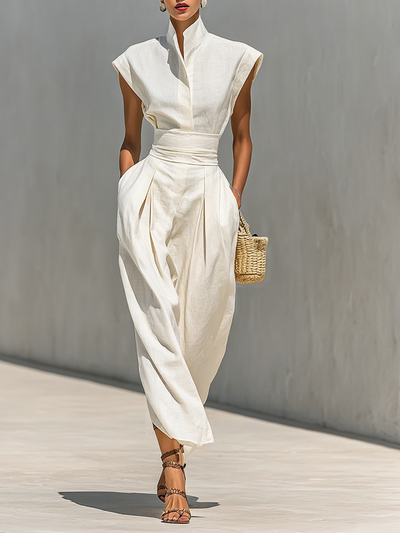 Abito Maxi in Cotone Puro con Collo a Revers e Maniche a Cappuccio