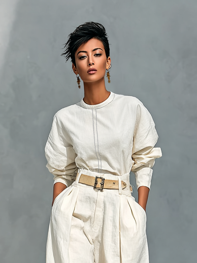 Set di Camicia a Maniche Lunghe e Pantaloni Larghi in Cotone e Lino