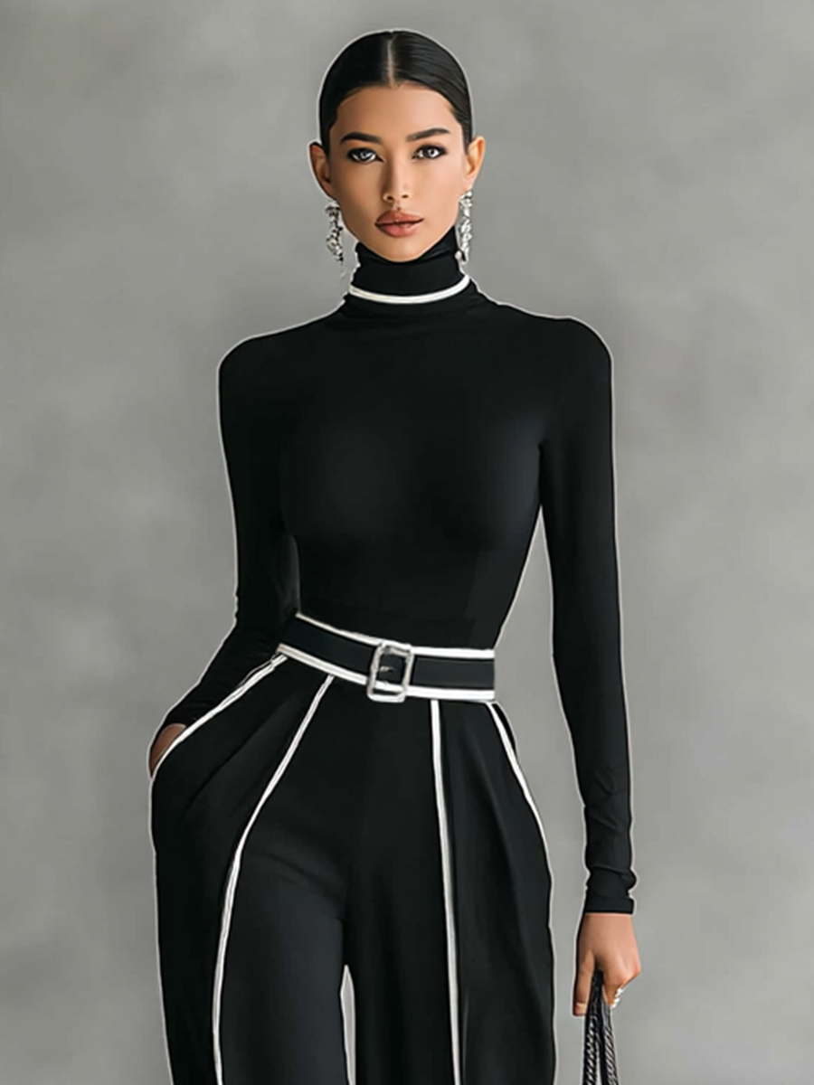 Set due pezzi donna con top a collo alto a maniche lunghe, pantaloni a gamba larga e cintura