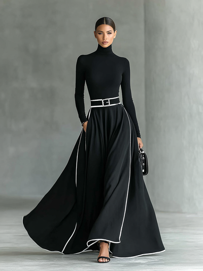 Abito Maxi Nero con Cuciture Bianche, Collo Alto, Maniche Lunghe e Cintura Fitta