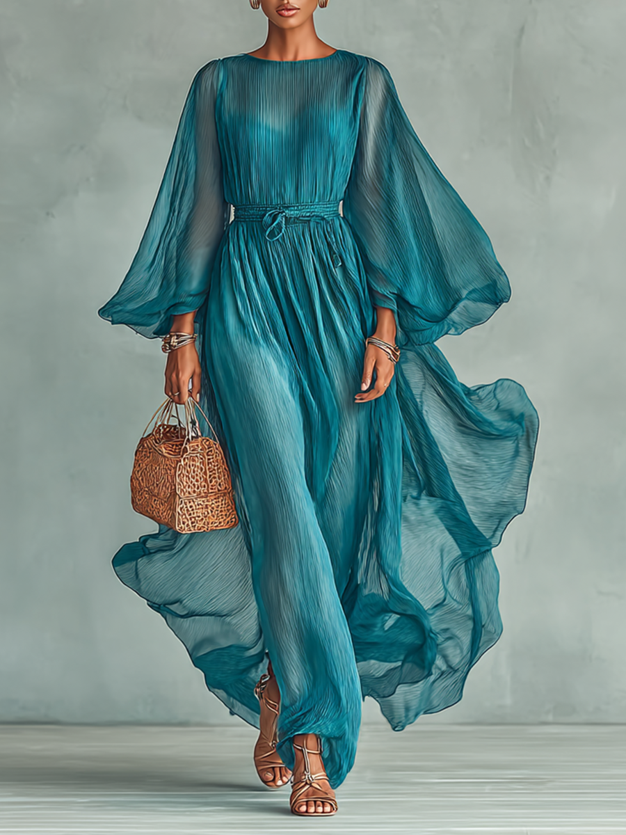 Abito Maxi in Chiffon con Collo Rotondo e Maniche Lunghe per Donna, con Vita Regolabile