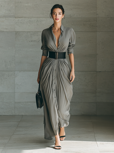 Abito Maxi con Collo a Revers e Maniche Lunghe