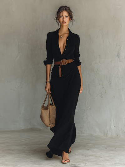 Abito Maxi Lungo con Collo a Revers e Cintura Inclusa