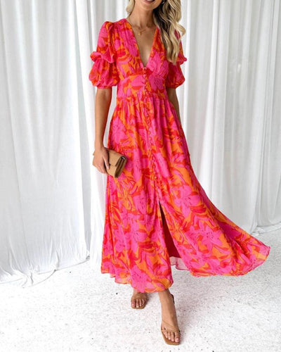 Clara – Elegante Abito Maxi con Scollo a V e Maniche a Palloncino