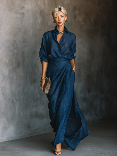 Set Gonna Lunga e Camicia Elegante in Cotone e Lino Blu Scuro