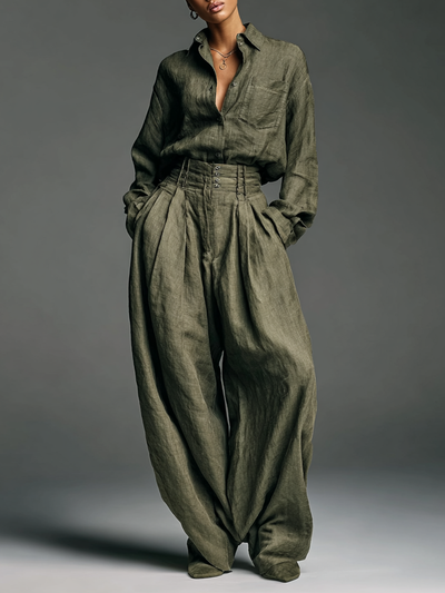 Set Due Pezzi Donna in Cotone e Lino con Camicia a Maniche Lunghe e Pantaloni a Gamba Larga