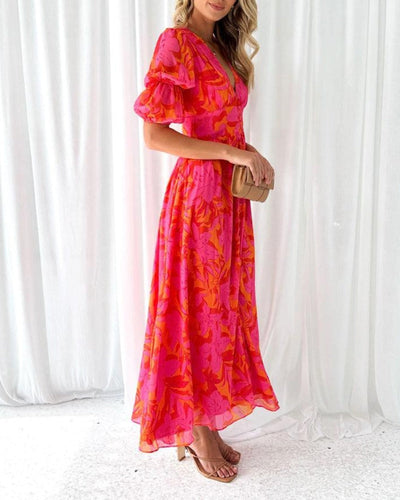 Clara – Elegante Abito Maxi con Scollo a V e Maniche a Palloncino