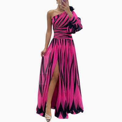 Carla – Abito Maxi Elegante con Una Spalla e Motivo a Strisce