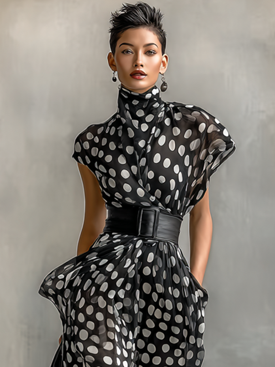 Abito Maxi in Chiffon con Stampa a Pois e Collo Alto