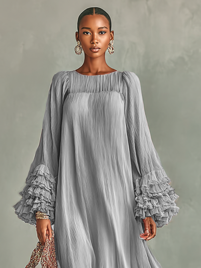 Abito Maxi in Chiffon Pieghettato Donna con Maniche Lunghe e Rouches