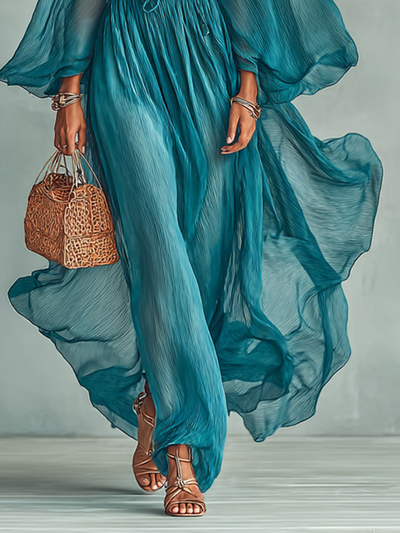 Abito Maxi in Chiffon con Collo Rotondo e Maniche Lunghe per Donna, con Vita Regolabile