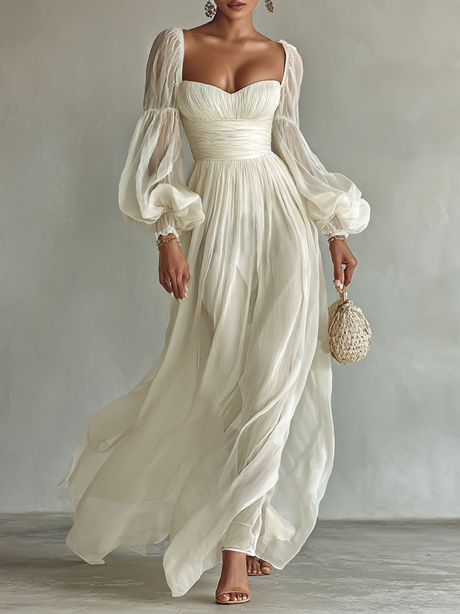 Abito Maxi in Chiffon da Donna con Scollatura Quadrata e Maniche Lunghe