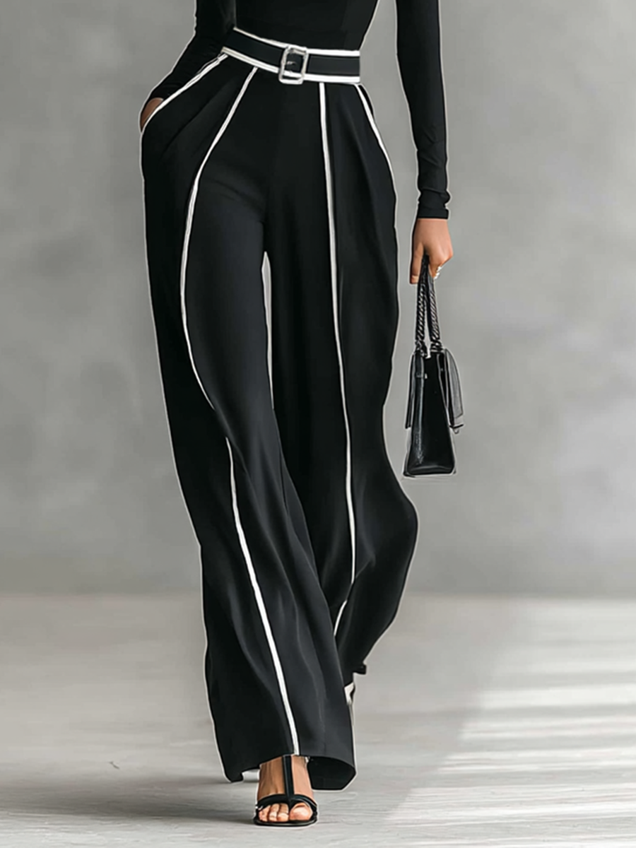 Set due pezzi donna con top a collo alto a maniche lunghe, pantaloni a gamba larga e cintura