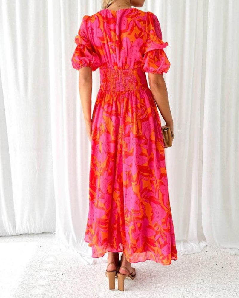 Clara – Elegante Abito Maxi con Scollo a V e Maniche a Palloncino